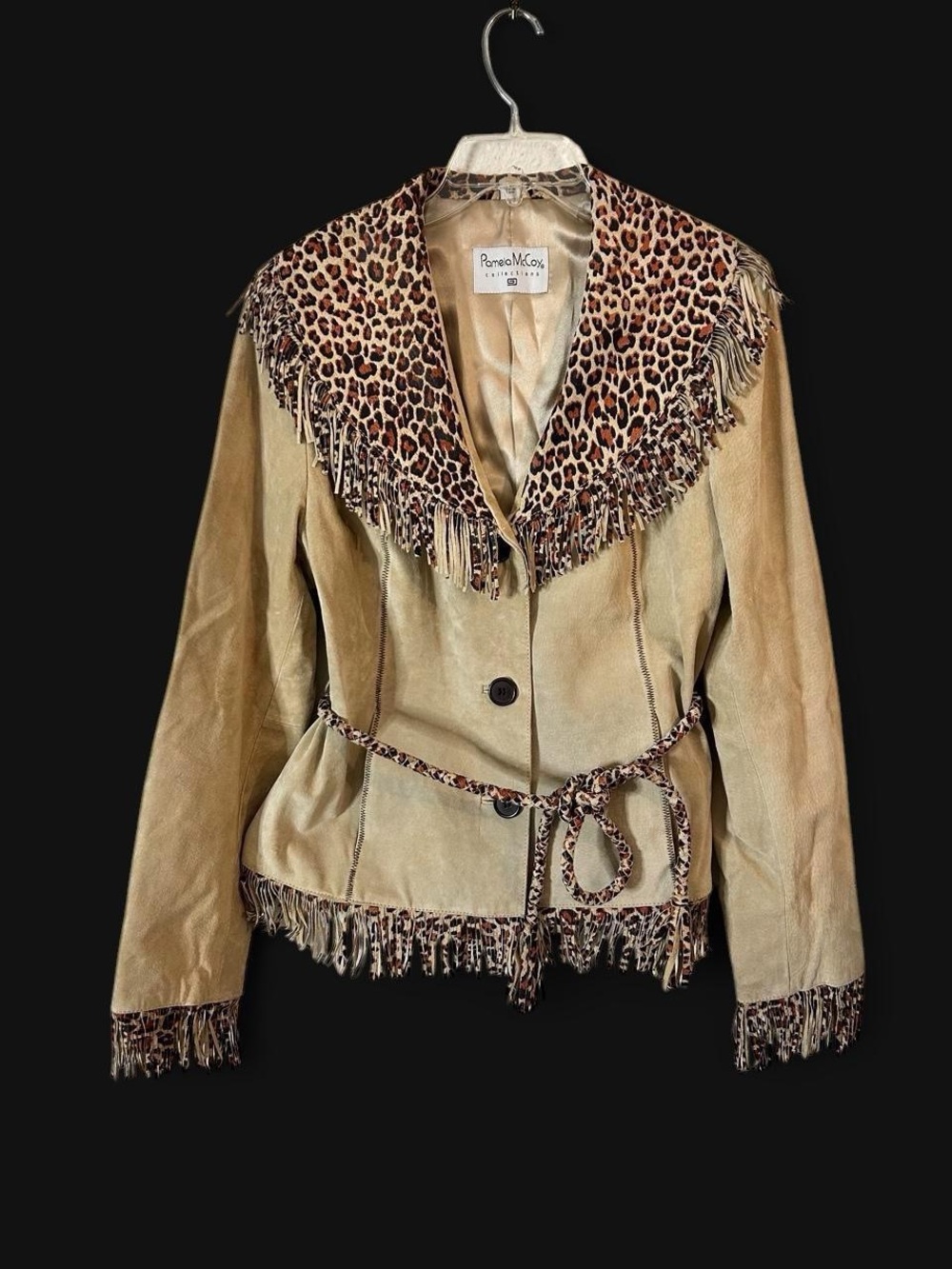 Leopard Fringe belted tan suede statement jacket rodeo western luxury concert